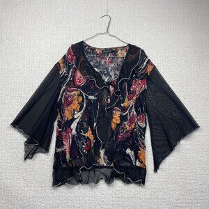 Y2K Victorian Black Sheer Floral Lace Wrap BlouseTop Ruffle Gothic Witchy Sz 22